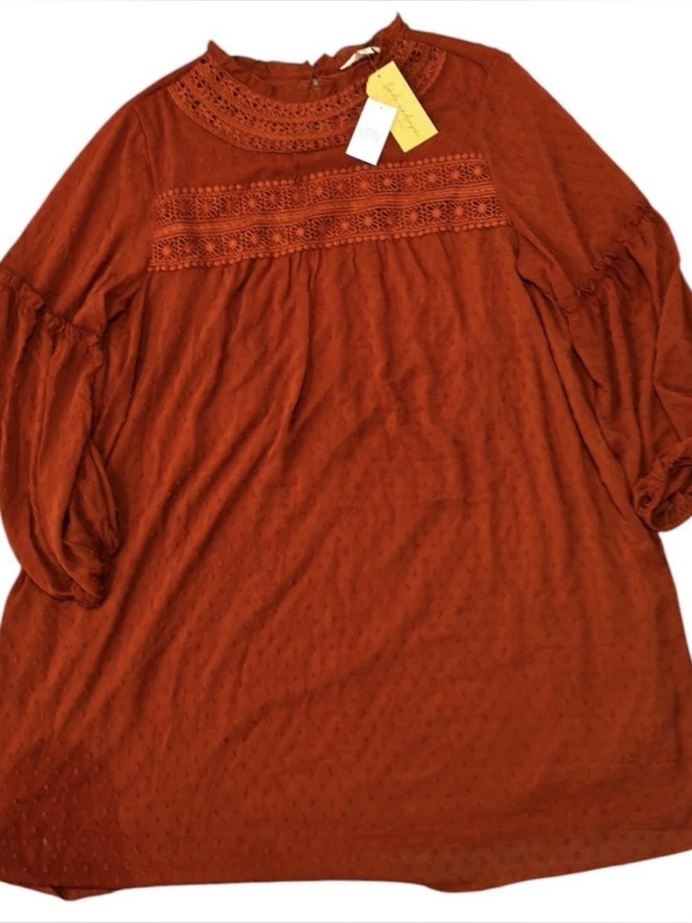 Linda Anderson XL NWT Cottagecore Boho Rust Dress Lace Trim Prairie Flowy